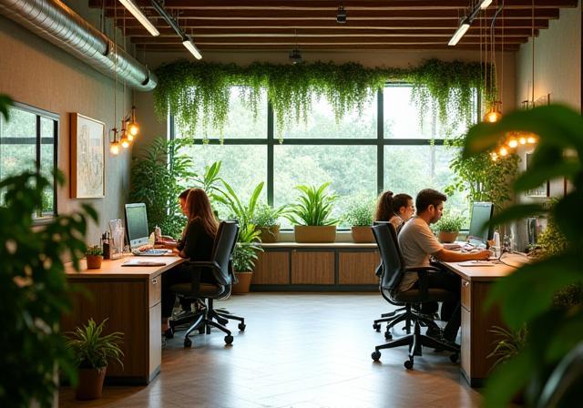 Équipe travaillant dans un espace de coworking écologique